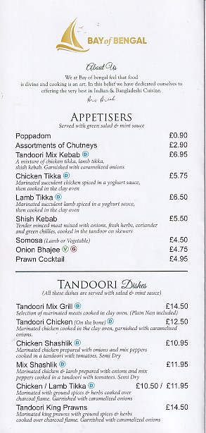 Bay Bengal Indian takeaway menu Tenby