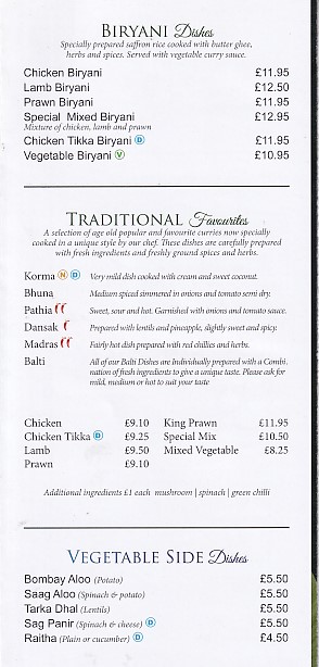 Bay Bengal Indian takeaway menu Tenby